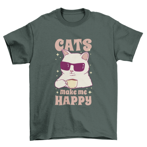 White cat drinking coffee t-shirt